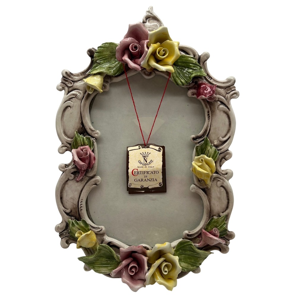 Capodimonte Porcelain Floral Picture Frame Italy Large Pink Yellow Roses Baroque